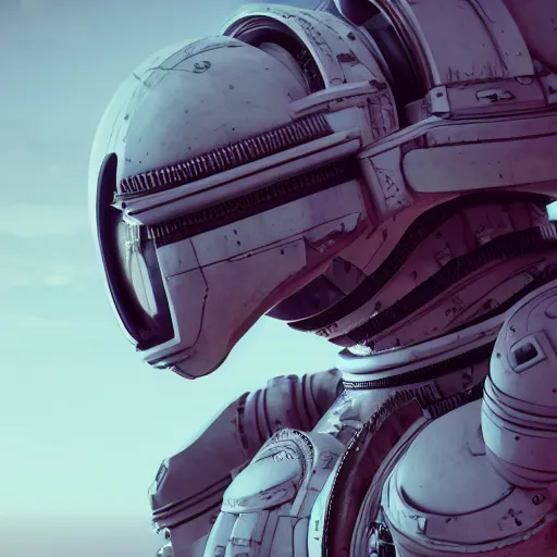 Image similar to portrait photography of a white diesel punk futuristic space suit armor, in an alien planet, ultra detail, high detail, 8 k, octane render, in the style of edward hopper