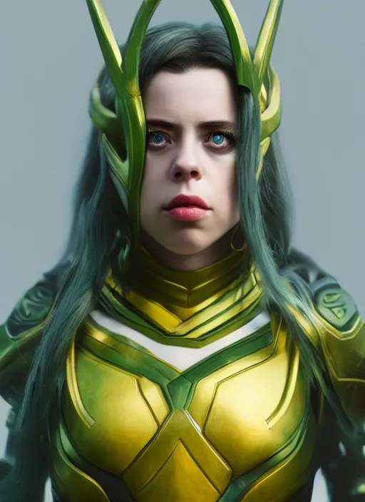 Image similar to billie eilish as female loki by Nixeu, Ian Sprigger, WLOP, Sakimichan, trending on artstation, hyper realistic, smooth octane render