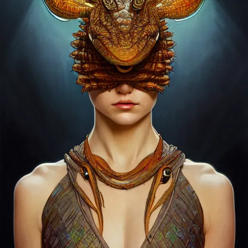 Image similar to a portrait of a lizard anthropomorphic shaman, upper half portrait, symmetry, intricate, elegant, highly detailed, symmetry, headpiece, digital painting, artstation concept art smooth sharp focus, illustration, art by artgerm and greg rutkowski alphonse mucha 8 k