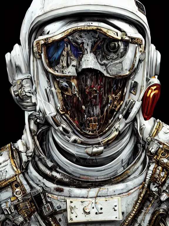 Image similar to portrait art of 8k ultra realistic undead retro futurism astronaut ,detailed white suit, intricate ornate armour,decaying, cybernetic, full of colour, cinematic lighting, battered, trending on artstation, 4k, hyperrealistic, focused, extreme details,unreal engine 5, cinematic, masterpiece, art by ayami kojima, giger