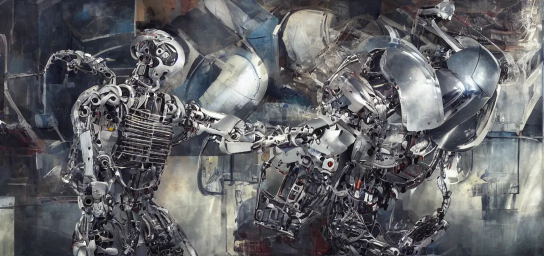 Prompt: ultra realistic illustration of the disassembly of a futuristic humanoid robot, sci-fi dystopian, chinese style painting