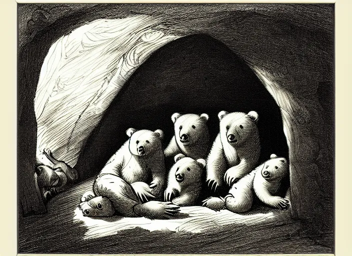 Prompt: Pieter Claesz's 'a bear and her cubs sleeping in a dark cave, lit by hole in roof', night time, cross hatching, framed, monochrome, yellow