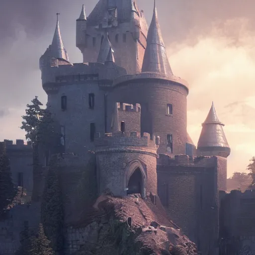 Prompt: castle, 8 k uhd, unreal engine, reflected chrome, octane render in the artstyle of greg rutkowski