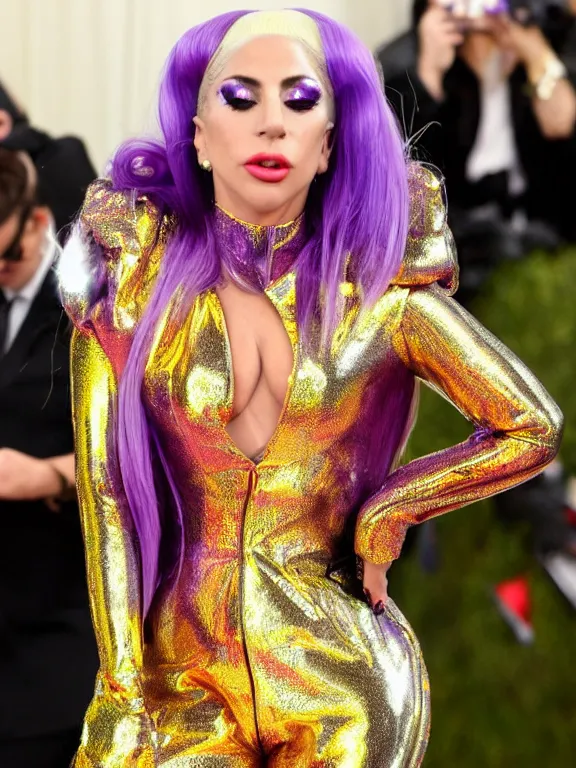 Prompt: sexy Lady Gaga wearing very tight Translucent metallic mirror chrome purple and gold latex crazy outfit Met Gala photoshoot