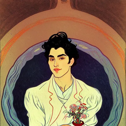 Image similar to painting of young cute handsome beautiful dark medium wavy hair man in his 2 0 s named shadow taehyung and cute handsome beautiful min - jun together at the halloween! party, bubbling cauldron!, candles!, smoke, autumn! colors, elegant, wearing suits!, delicate facial features, art by alphonse mucha, vincent van gogh, egon schiele