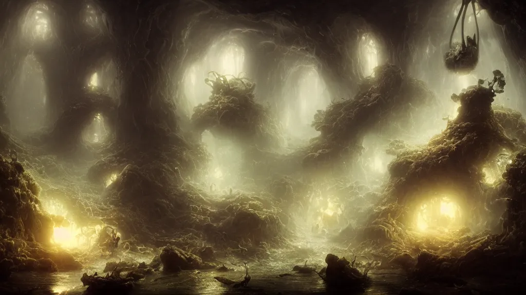 Image similar to fungus mined by the deep dwellers, andreas achenbach, artgerm, mikko lagerstedt, zack snyder, tokujin yoshioka