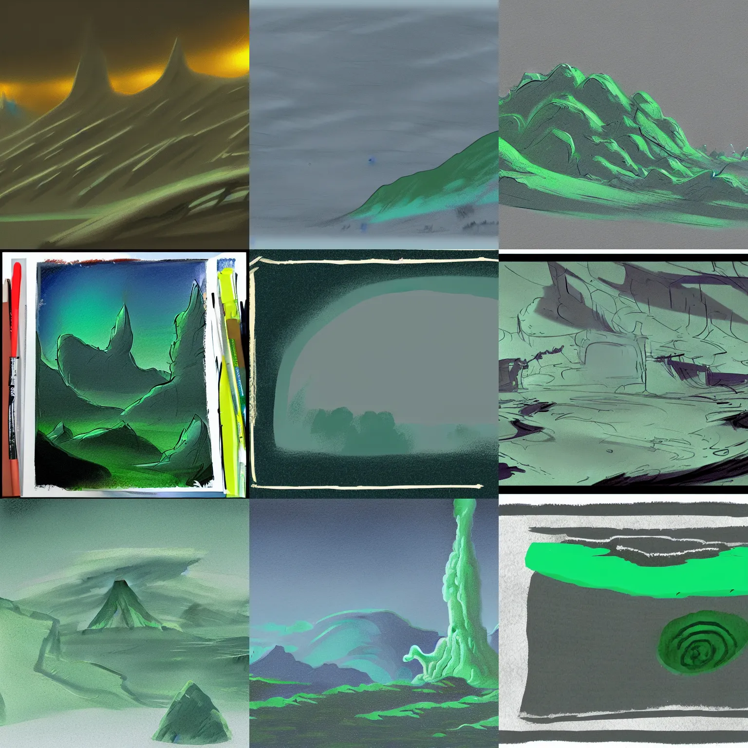 Prompt: Alien landscape concept art, palette test, rocket green highlights.