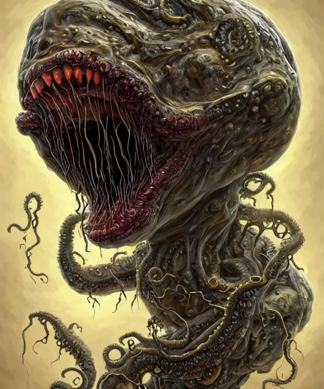 Image similar to hziulquoigmnzhah, large mouth with teeth, head dangling underneath body!!!!, spherical body, elongated arms, short legs, lovecraftian horror!, surrealism, fantasy, intricate, elegant, highly detailed, digital painting, artstation, concept art, matte, sharp focus, illustration, art by keith thompson and christopher lane