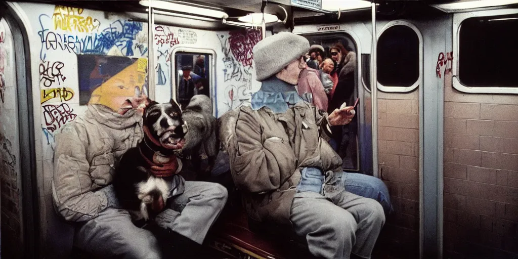 Image similar to new york subway cabin 1 9 8 0 s inside all in graffiti, 1 9 8 0 s policeman with the k - 9 dog, coloured film photography, christopher morris photography, bruce davidson photography