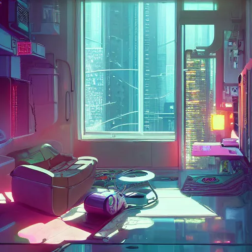 Image similar to the cyberpunk apartment, render, octane, 4k, highly detailed, vivid colors, high definition, by James Gilleard and Makoto Shinkai and Victo Ngai