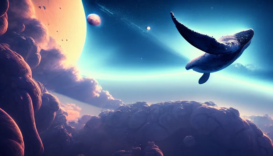 Prompt: highly detailed cinematic scifi render of a flying whale over the tuscany skies, cypresses and hills, stars and planets, hyper detailed, digital art, cinematic lighting, studio quality, smooth render, unreal engine 5, octane render, trending on artstaion.