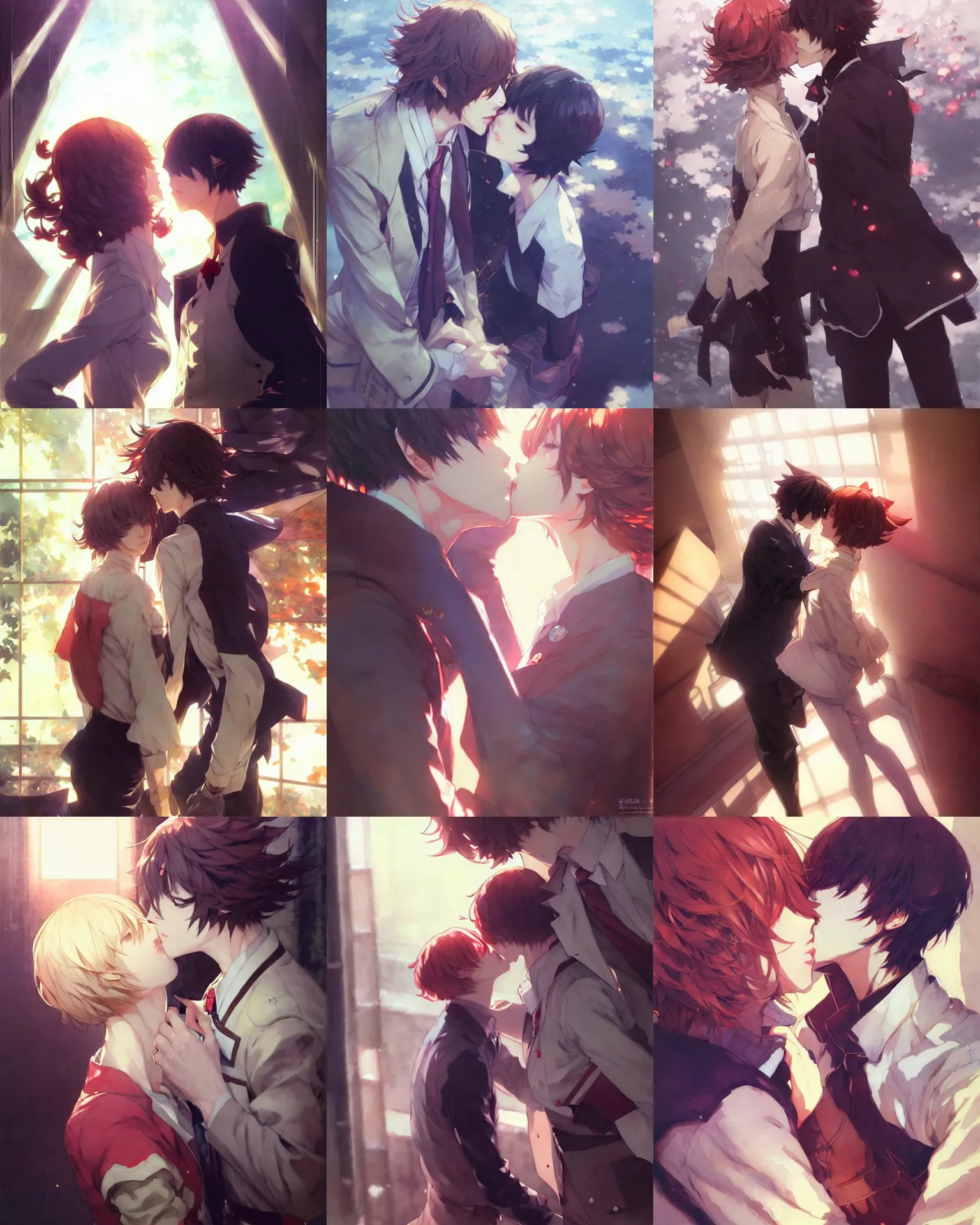 Prompt: akechi and makoto kissing, a beautiful full body illustration, top lighting, perfect shadow, soft painting, leaning towards watercolor, art by hidari and krenz cushart and wenjun lin and akihiko yoshida