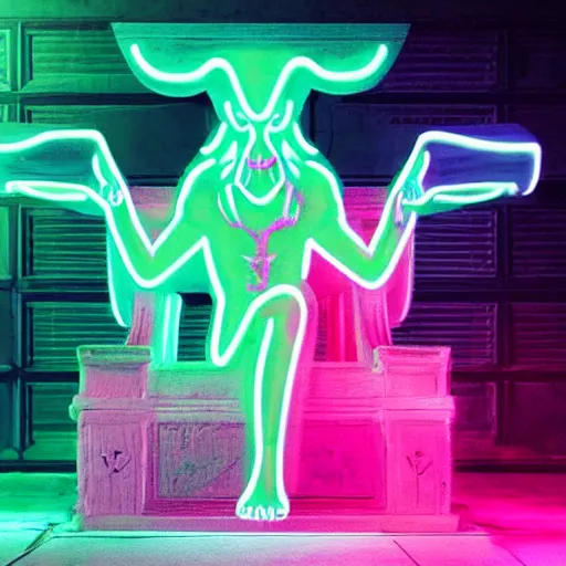 Prompt: neon baphomet on a throne with its disciples bowing down