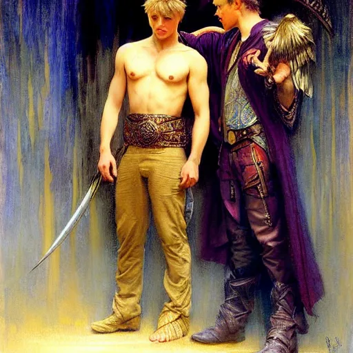 Image similar to attractive arthur pendragon in love with attractive male merlin the mage. highly detailed painting by gaston bussiere, craig mullins, j. c. leyendecker