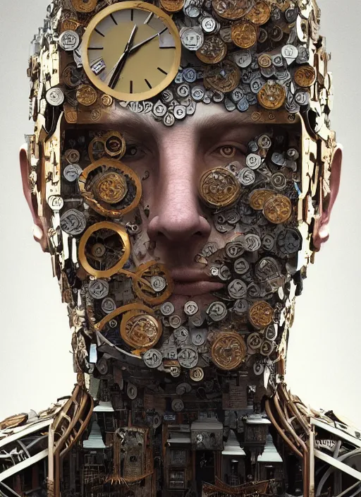 Image similar to the man made of clocks, au naturel, hyper detailed, digital art, trending in artstation, cinematic lighting, studio quality, smooth render, unreal engine 5 rendered, octane render, art style by klimt and nixeu and ian sprigger and wlop and krenz cushart