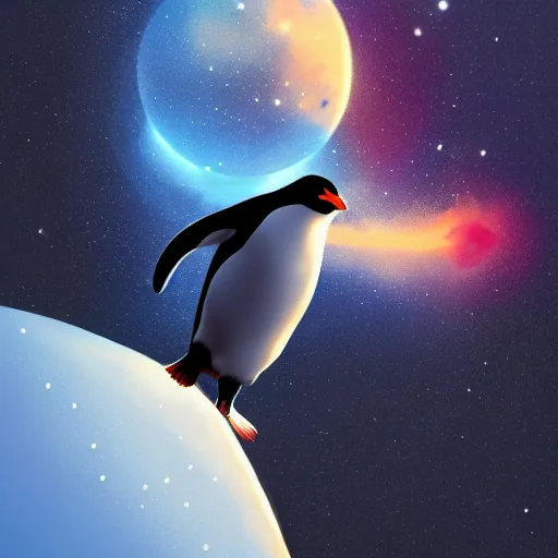 Prompt: a penguin floating in space, 4K, painting, detailed, beautiful, dramatic, artstation, light, dark,