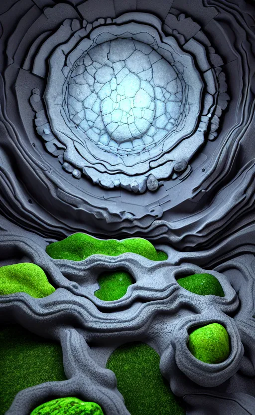 Image similar to highly detailed ultra sharp 3 d render cinematic composition of a smooth ceramic porcelain biomorphic magnolia stone nebula fluid fractal sci - fi surreal architecture landscape, granite, metallic, magnesium, marble, moss and lichen, vincent callebaut composition, mamou - mani, archviz, beautiful lighting, 8 k, unreal engine, hdr,