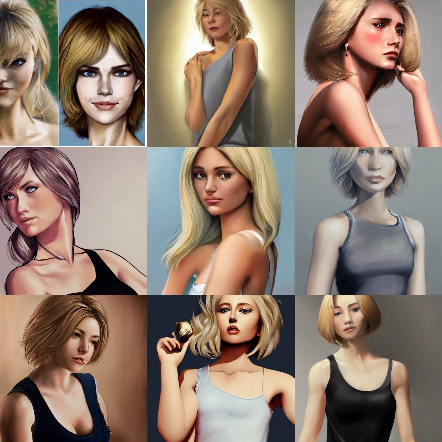 Prompt: photorealistic image of a gorgeous actress wearing a tanktop, with light blonde shoulder-length hair, in the style of mark arian and Ilya Kuvshinov