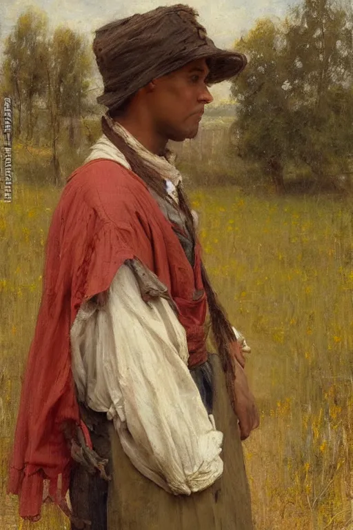 Prompt: Solomon Joseph Solomon and Richard Schmid and Jeremy Lipking victorian genre painting full length portrait painting of a young peasant working in the field, red background