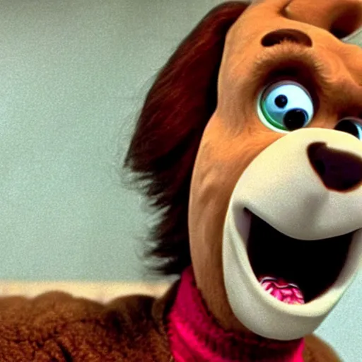 Prompt: movie still photo of Scooby-Doo as Jack Torrance in The Shining