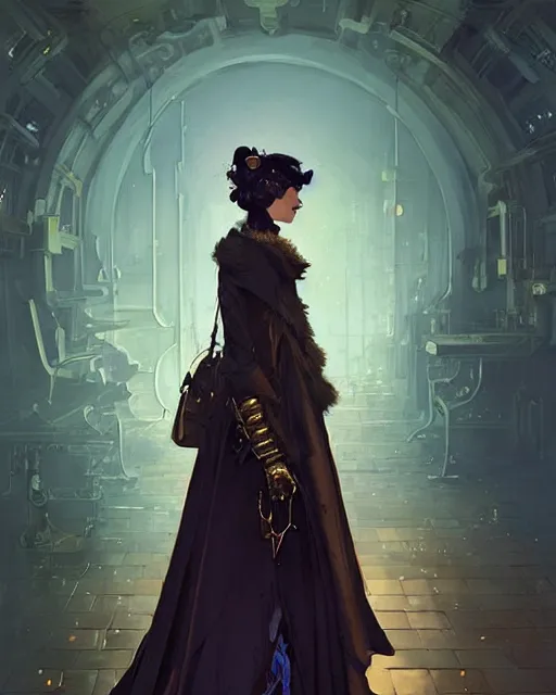 Prompt: a mysterious ( beautiful woman ), aristocrat cloak, steam punk, mechanical parts, fantasy, digital painting by ilya kuvshinov, greg rutkowski, wlop, james jean, victo ngai, beautifully lit, muted colors, highly detailed, dynamic pose, artstation, fractal arrows, fantasy art, intricate background by craig mullins, thomas kinkade