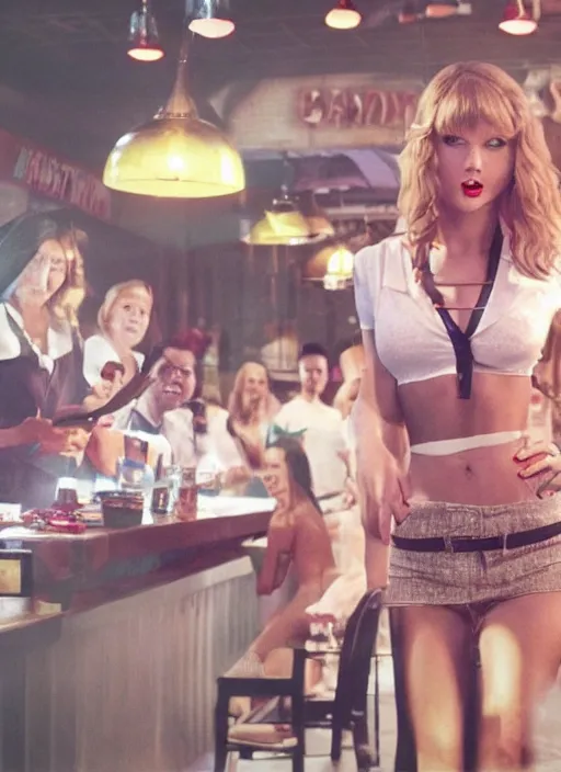 Image similar to a candid, color cinema film still of a taylor swift as a waitress at hooters, cinematic lighting at night.