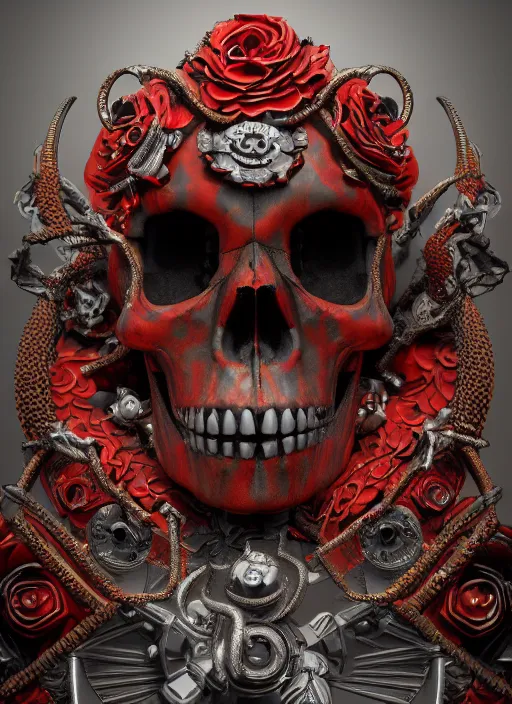 Prompt: 3d render ultra detailed of a skull, art deco, steam punk, intricate details, hyperrealistic, ultra detailed, elegant, octane render, black and red, 8k, trending on Artstation, unreal engine