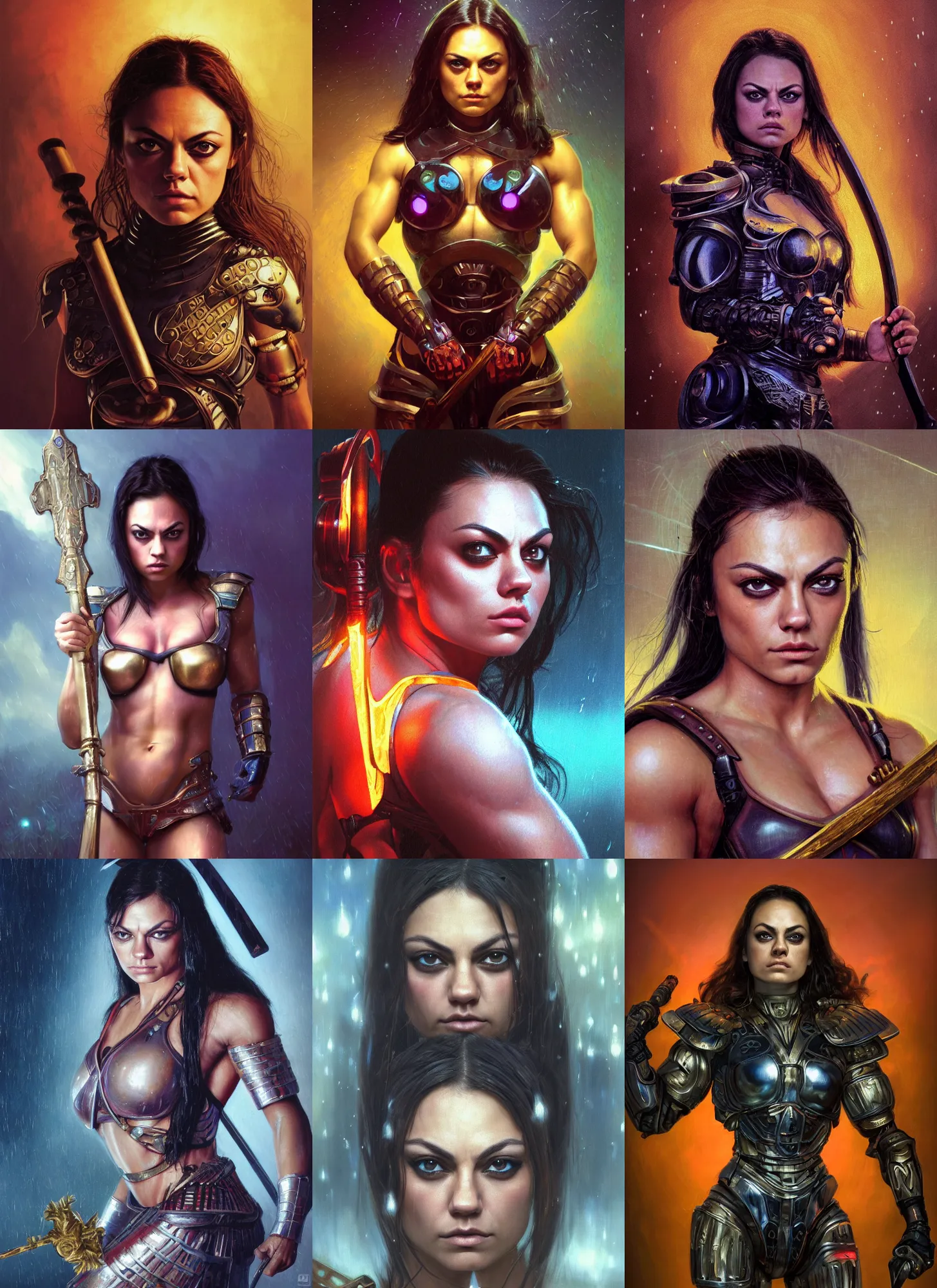 Image similar to bodybuilder mila kunis closeup portrait of a beautiful biblical diabolical samurai girl looking into the camera holding a sword, cyborg neon lit armor, foggy fireflies, cinematic studio light, golden hour, gerald brom, mikhail vrubel, peter elson, muted pastel colors, extreme detail, light rain, trending on artstation, 8 k