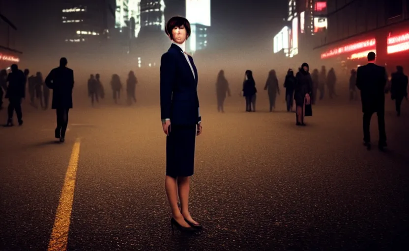 Image similar to a wide shot of a woman with a wool suit, very short hair, blurred face, wearing an omega speedmaster on her wrist in front of a crowded dystopian city full of people walking at night with fog and cyberpunk lights