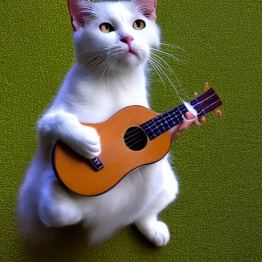 Prompt: white cat playing ukulele