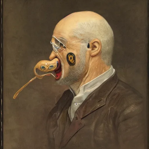 Prompt: Highly detailed portrait of a man with gray hair, a black eye patch, and a snake in his mouth