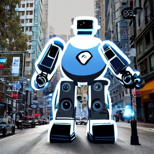 Prompt: an ice bear robot with an axe in san fransisco, epic digital art