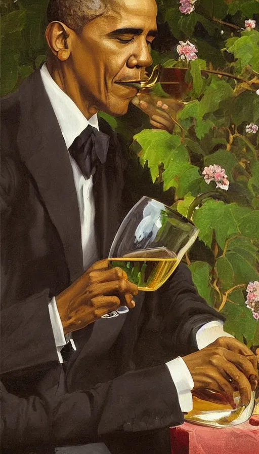 Image similar to still life painting of Obama drinking wine in a garden by Peder Krøyer, golden hour, dramatic lighting, intricate detail, canvas print