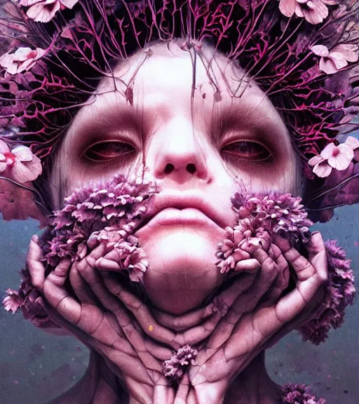 Image similar to portrait, beautiful madness, flowers by wayne barlowe, toru kamei, artgerm and greg rutkowski, tanaka suguru, itsuko azuma, kinuko y. craft, mysterious, abstract aesthetic!!! hyper detailed