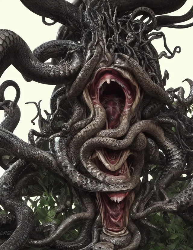 Prompt: Medusa, fantasy horror art, hissing scream, fangs, snakes for hair, scaly, detailed fantasy render, 8k, unreal engine with DLSS