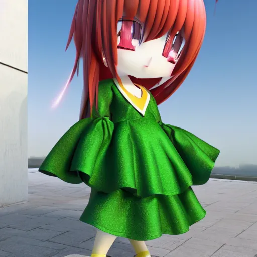 Prompt: cute fumo plush of a girl in a green and gold and wine red shiny dress, lens flare, anime girl, vray