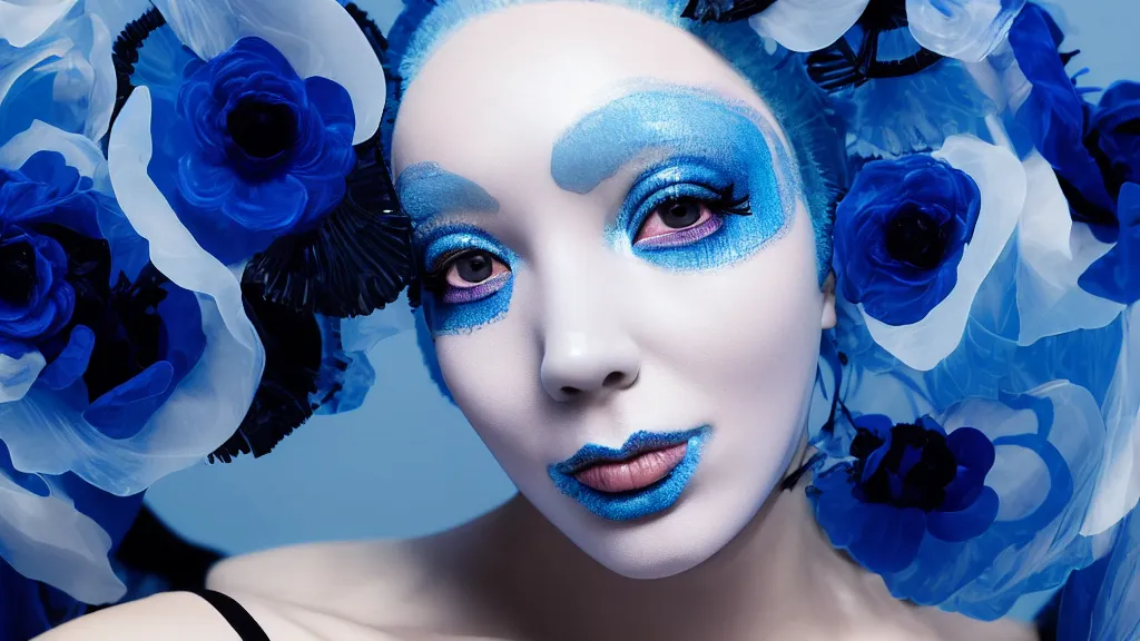 Image similar to symmetrical close - up portrait of a woman wearing a translucent silicone beauty mask and blue hair, wearing a black bodysuit by alexander mcqueen, plastic translucent flowers, white background, soft diffused light, biotechnology, humanoide robot, bjork aesthetic, translucent, intricate details, highly detailed, masterpiece,