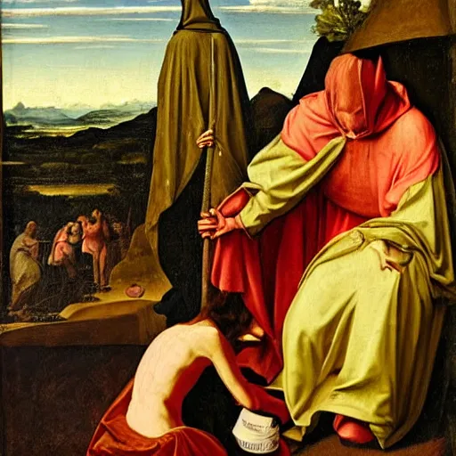 Image similar to goblin and woman in hooded cloak on stage, renaissance painting