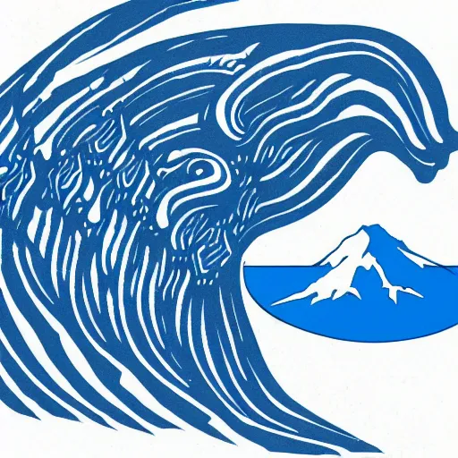 Image similar to a blue water wave in the silhouette shape of Godzilla, cartoon drawing