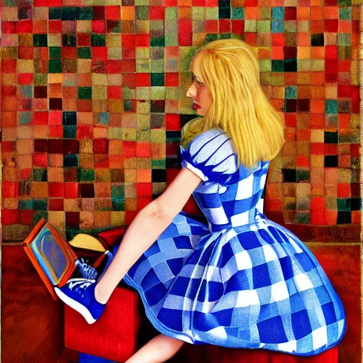 Image similar to alice in the wonderland, sitting, checkered floor, chair, blue dress, door blonde by cheval michael