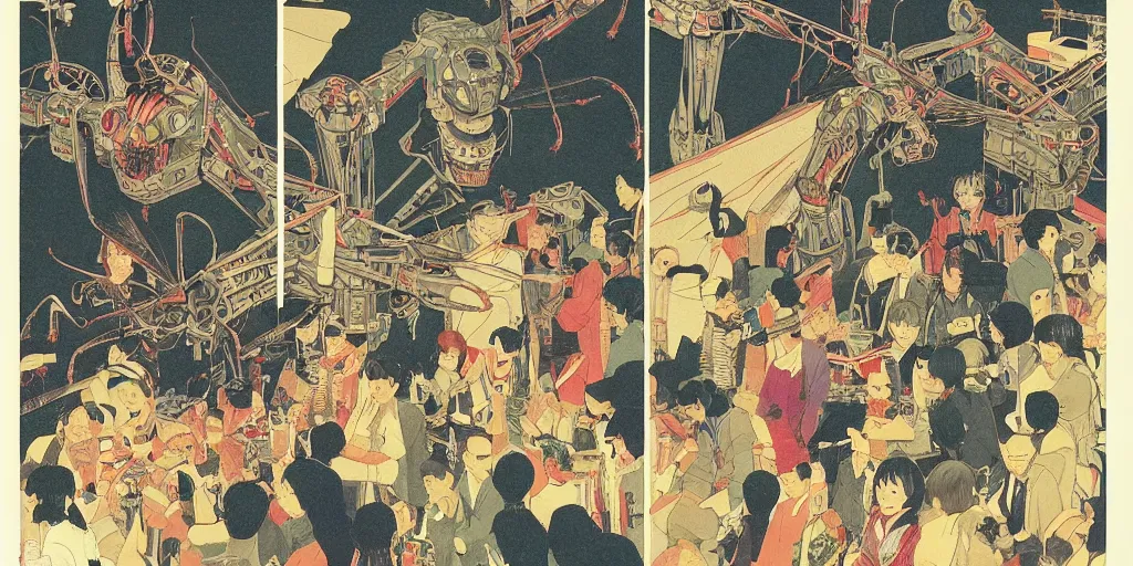 Image similar to gigantic dragonflies with human faces catch tiny robots, a lot of exotic mechas robots around, human heads everywhere, risograph by kawase hasui, dirtyrobot, edward hopper, satoshi kon and moebius, colorful flat surreal design, super - detailed, a lot of tiny details, full - shot, grainy