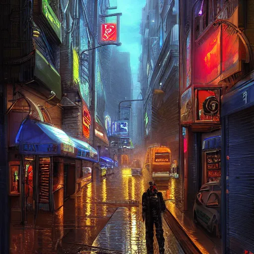 Prompt: cyberpunk paris streets in 2 0 7 7 by thomaskinkade