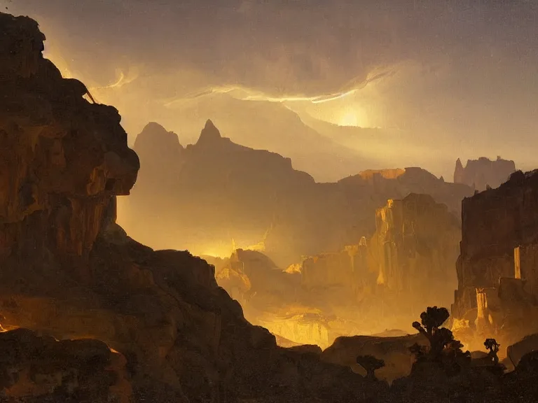 Image similar to an oil painting of a canyon on an alien planet with a distant mountain at dusk with aurora lighting up the sky by carl spitzweg and tuomas korpi. baroque elements, full-length view. baroque element. intricate artwork by caravaggio. Trending on artstation. 8k