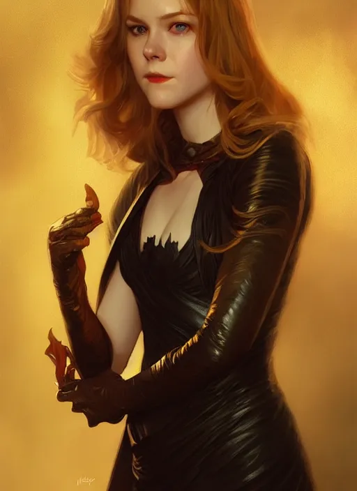 Image similar to Erin Moriarty as Lucifer morningstar, slight smile, highly detailed, digital painting, artstation, concept art, sharp focus, illustration, art by wlop and J. C. Leyendecker and Edmund Bliar Leighton and Charlie Bowater