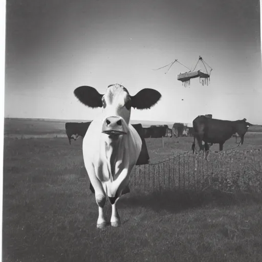 Image similar to vintage photo of a cow being abducted by aliens