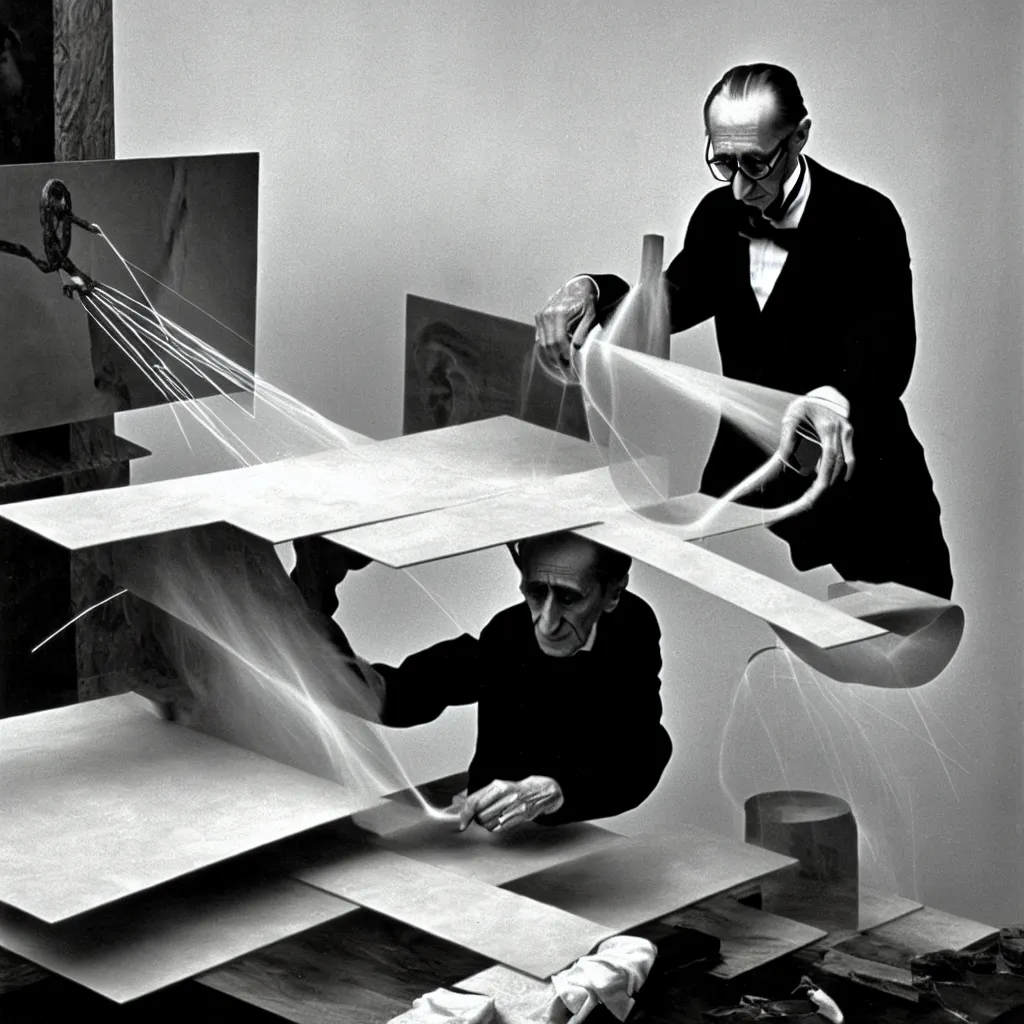 Image similar to a long exposure shot of Marcel Duchamp working on a readymade object, archival pigment print