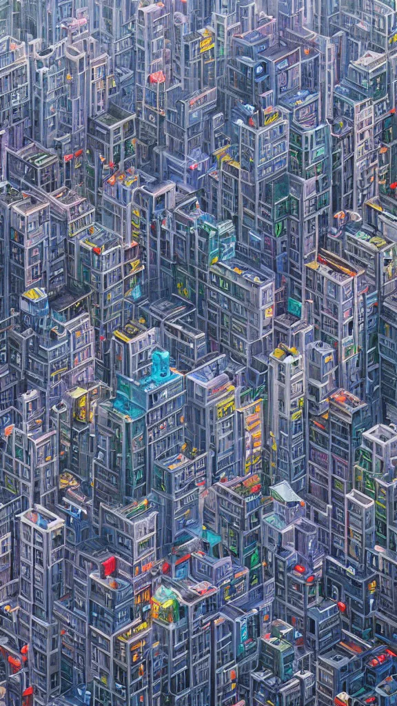Image similar to a beautiful painting of a crowded cybernetic futuristic voxel city, densely populated buildings with windows, crowded urban buildings close to each other, highly detailed and realistic, by Lee Madgwick and Simon Stalenhag