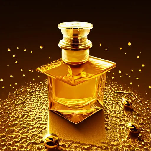 Prompt: perfume bottle lying in a golden puddle of rich honey, honeycomb, and gold lillies, path traced, environment, up close shot, zen white minimalist background