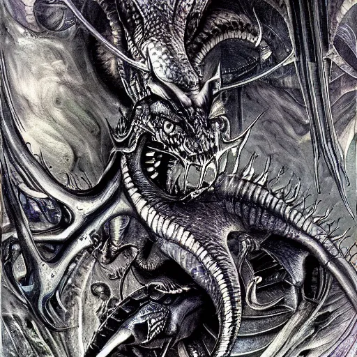 Image similar to Giger portrait of queen dragon, Dragon in dragon lair, HD, soft shading, hyperdetailed, wide angle lens, fantasy, futuristic horror, style of giger