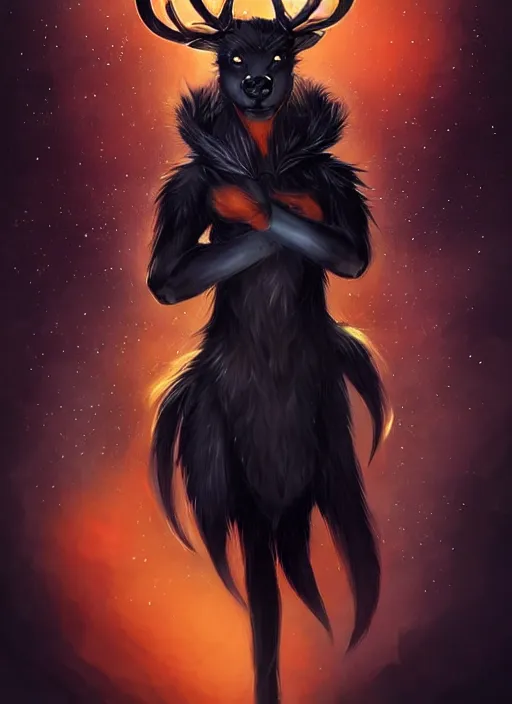 Image similar to award winning beautiful portrait commission of a male furry anthro Black Reindeer fursona with a tail, wings and a cute beautiful attractive detailed furry face wearing stylish black and orange galaxy clothes in a outerspace city at night while it rains. Character design by charlie bowater, ross tran, artgerm, and makoto shinkai, detailed, inked, western comic book art